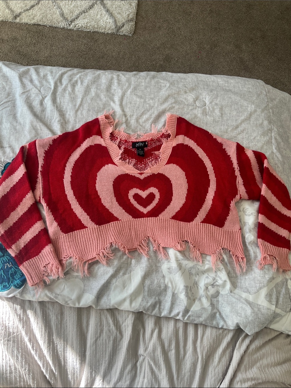 Wildfox Red & Pink Heart Crop Distressed Sweater